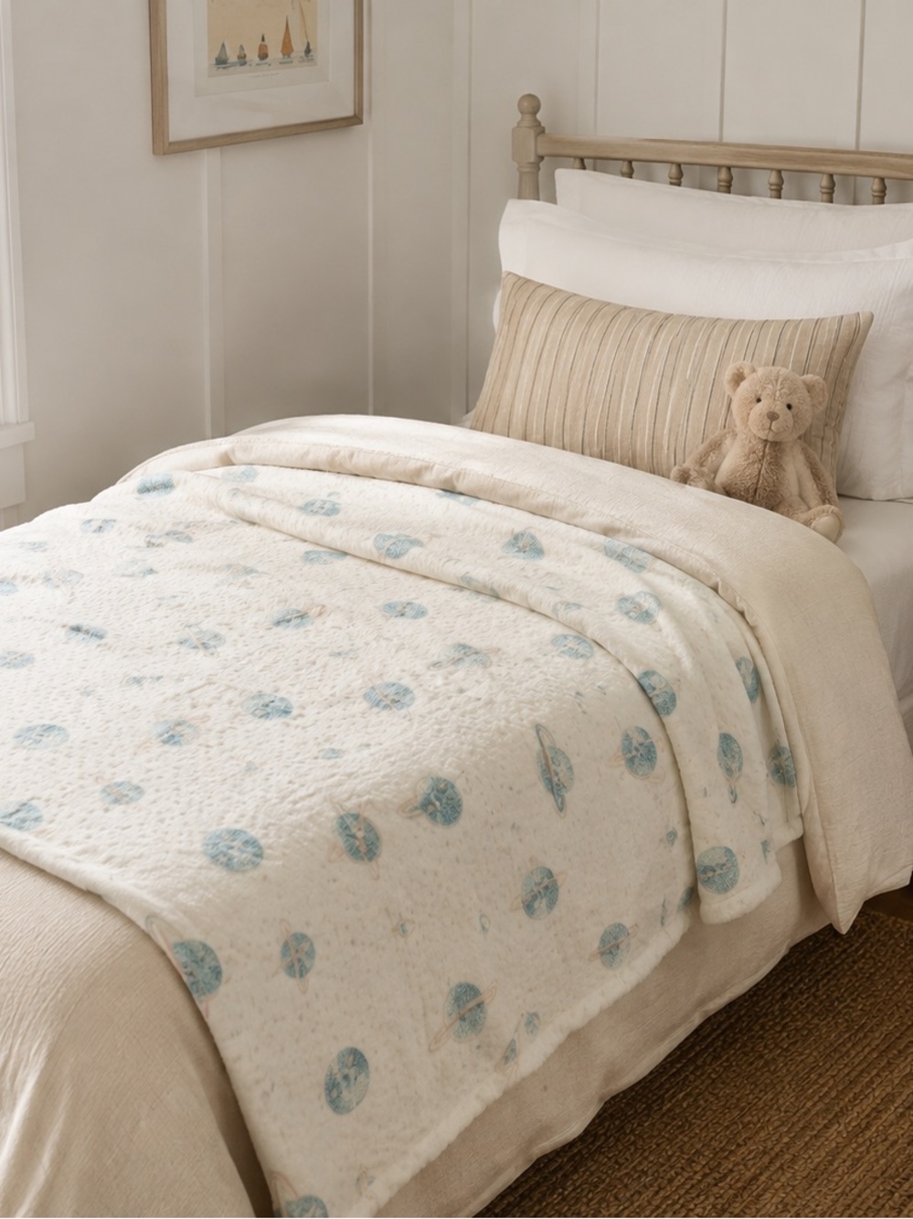 Cozy Space Planet Throw Blanket 47x58 Blue Cream Kids Celestial Plush